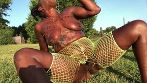 Blonde bombshell gargles cum while her massive booty ravaged by thick ebony cock&#x1F346; outdoors.