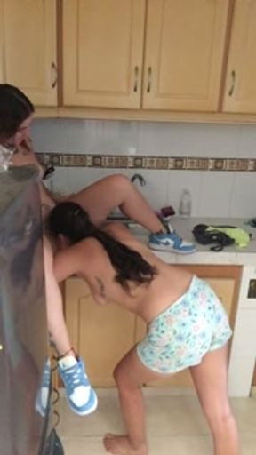 Romantic lesbian sex in the kitchen