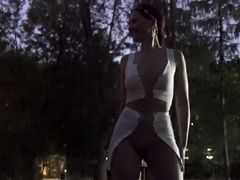 Jeny Smith tests her new suit. Flashing in public