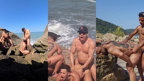 fudendo na praia com 3 caras