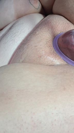 Shaved BBW Plays with Pussy Pump, Dildo and Squirts a Little