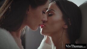 ”Lesbian brunettes explore each others shaved pussies”