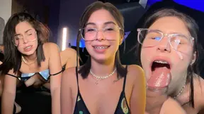 Orgasmic 18yo nerdy girl with shaking legs while fucking and cum on her glasses.