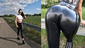 Jade walking outdoors in her tight shiny leggings 4K