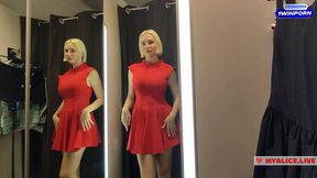 Naked girl with a big tits in the public locker room &mdash;  try on transparent clothes