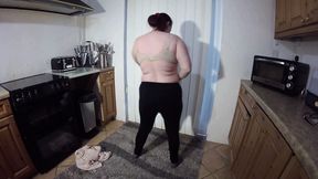 British Mom strips off in the kitchen Sweater and leggings with Underwear