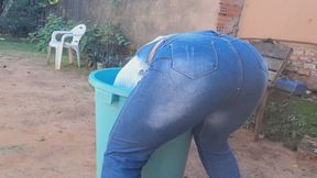 She farts while stuck in a bucket
