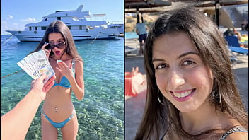 Hot lady walks with sperm on her face for cash