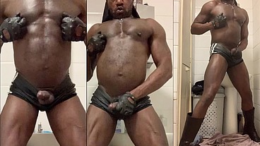 Black MuscleTight leather Shorts & High Boots BBC Wank & Tit Workout