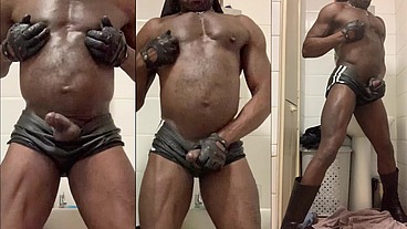 Black MuscleTight leather Shorts & High Boots BBC Wank & Tit Workout