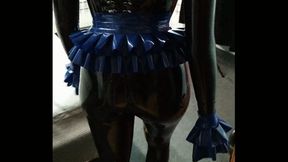 Playing with huge double-sided dildo in blue latex frills #S23