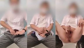 Business man strokes himself raw in public toilet gets destroyed by thick globs of cum