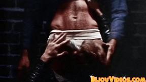 ”Blonde stud in leather jacked eats butt after sucking cock”