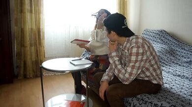 Cumshot on teacher's glasses during home exam!