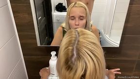 Slim Blonde Teen Cutie Enjoys Sneaky Sex With Her BF In the Bathroom & On the Staircase