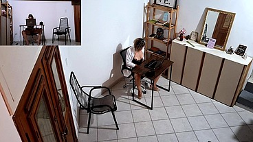Horny secretary masturbates and ends up having sex with a client who was harassing her at the reception