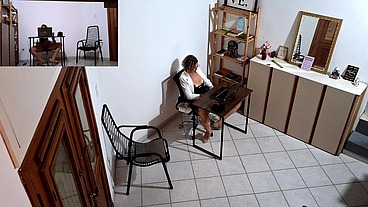 Horny secretary masturbates and ends up having sex with a client who was harassing her at the reception