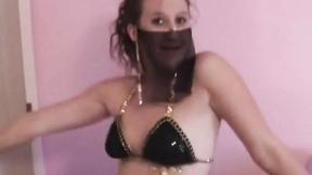”Sexy Brunette in persian clothes showing her twat & natural tits”