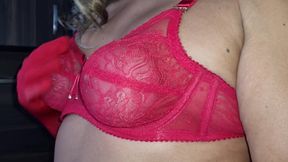 Sensual Red Lace Bra, Spandex Gloves, Caressing My Round and Firm Tits