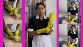 Maid eRica discovers your dirty fetish videos & gives you a handjob with dish gloves