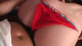 Kinky brunette bitch in red bikini is giving steamy lap dance for money