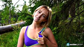 Outdoorsy blonde with perky tits drops her yoga pants and spreads her pussy by a lake.