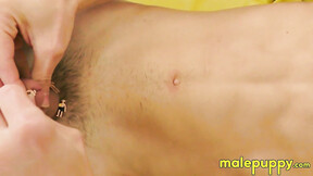 ”Deviant twink Frank Funsize teases himself with his toys”