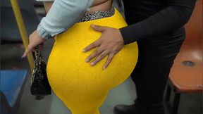 "Masked BBW Teases Huge Ass in Shiny Yellow Leggings on Public Bus"