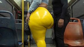 "Masked BBW Teases Huge Ass in Shiny Yellow Leggings on Public Bus"