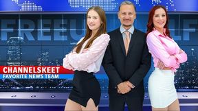 Athena Heart, Lilian Stone And Kelly Caprice In Channelskeet Breaking News - Male News Anchor Freeuse Bangs His Redhead Colleague & 18yo Protester