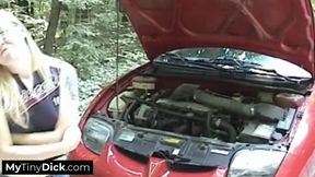 Small dick guy getting an outdoor blowjob from a horny blonde