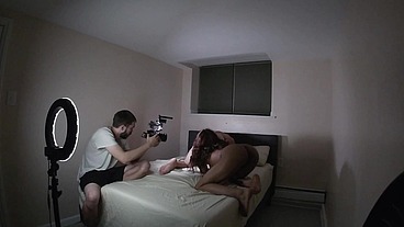 Slim ebony model takes long white dick BTS