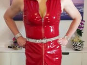 Sissy Lucy wanking her big uncut cock in PVC dress with big  tits