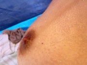 Teen with small saggy tits showing off to strangers on a public beach