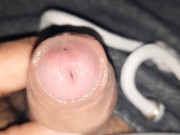 Small uncut grower not shower, precum, slow foreskin rolling close up, glistening precum play