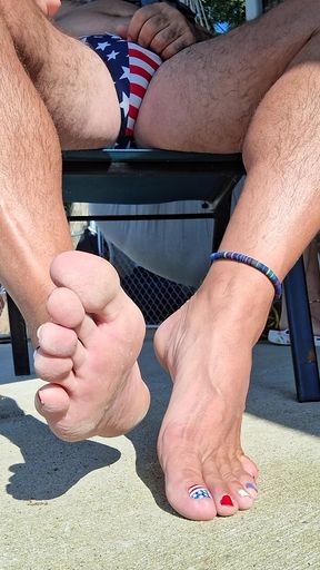 Showing you my bare feet and stroking my cock outside in the sun