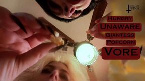 Hungry Unaware Giantess Popcorn Vore - SD - featuring Megan Daw and Jane Judge, a casual mukbang with eating, facestuffing, mouth, tongue and teeth fetish, big tits dangling over your tiny body, and lots of crunchy delicious popcorn being devoured on Scie