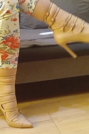 Crossdresser Dangling in Sexy Nude Pointed Toe Strappy High Heels