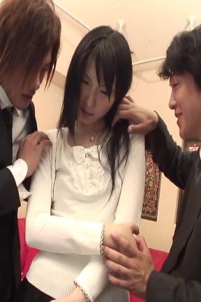 Brunette Japanese Babe Gets Her Bush Screwed and Creampied in Dirty Threesome