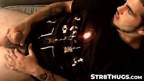 Straight thug with piercings talks dirty during solo cock stroking and cum fest