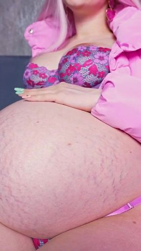 Pregnant at 9 Months, Teasing You in Stockings and a Jacket