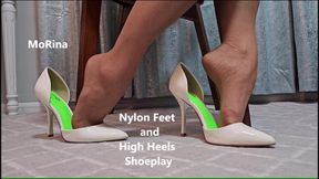 Nylon Feet and High Heels Shoeplay - MoRina stocking foot fetish and d'orsay stilettos
