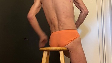 Part 3 - Down In the Corner - Groin Stretching on the Stool with bright briefs and Black & White Background - with vibrating massager