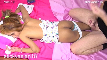 StickyAsian18 cutey Mimi, gets tied up, penetrated in her tight pussy & arse & then jizzed on. V14