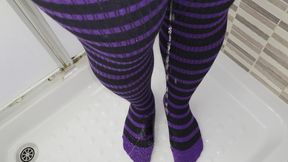 Fat sissy chastity, piss and cum in pantyhose and thigh high socks