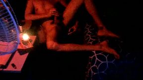 Fucking myself under red light with a big black dildo