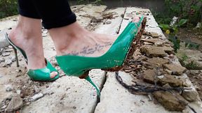 WRECKED high heels, broken high heels, high heels in mud, ripped shoes, heels RUINED