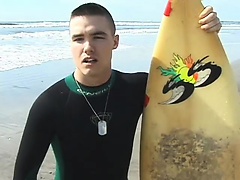Chubby surfer boy strokes his meat after he's done at the beach
