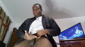 Young student stroking huge cock in jean jacket after class
