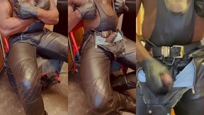 leatherjeans and high leather boots titplay & cum